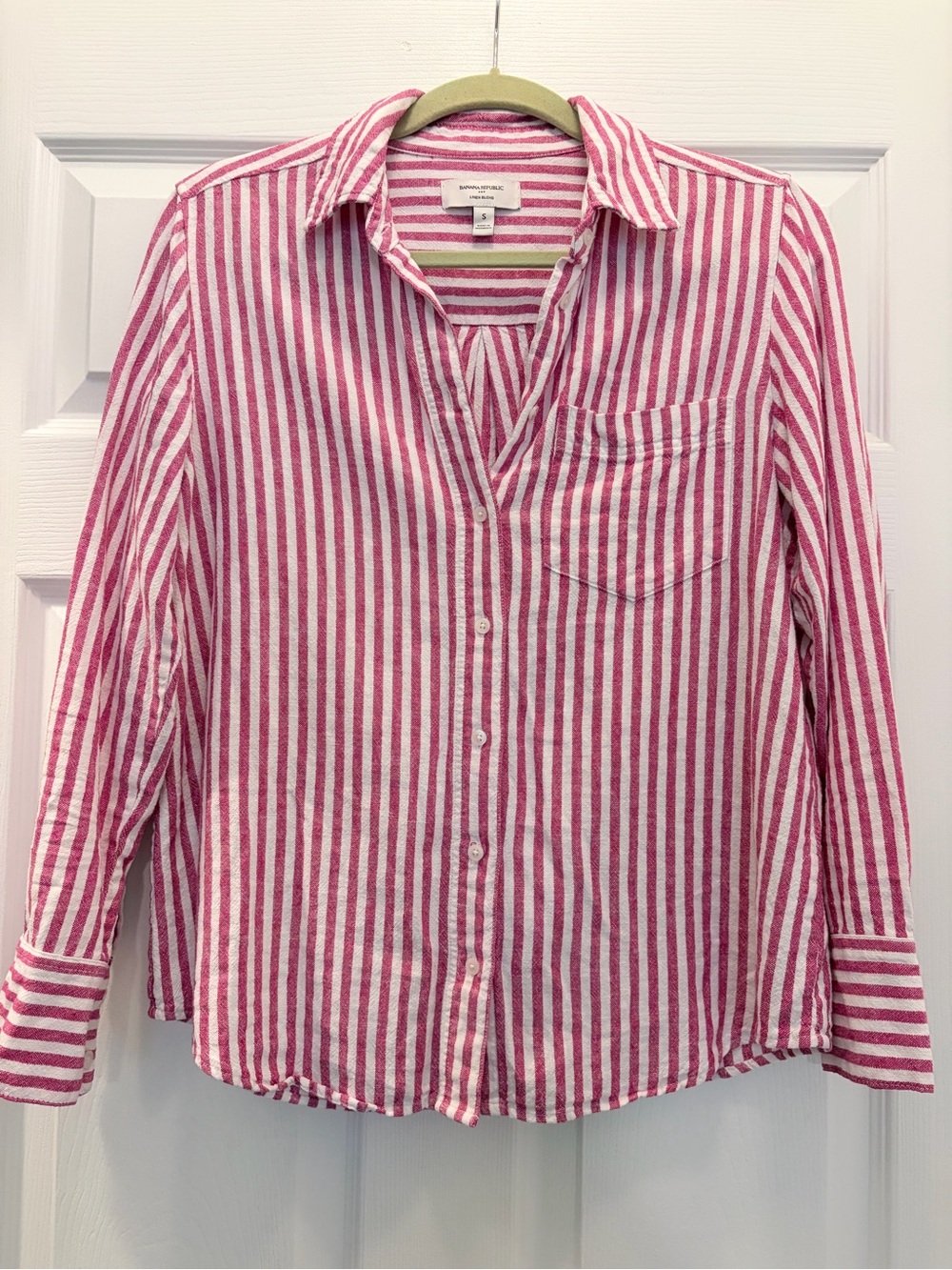 Banana Republic Pink and White Striped Linen Button-Down Shirt